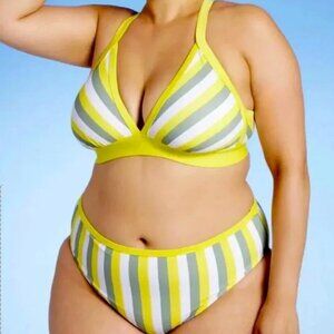 Kona Sol Yellow and Green  Set Striped Bikini Top Size 1X Bottom 3X Swimsuit